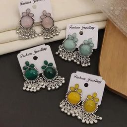 DEWENWILS Set Of 4 Silver-Plated Stone Studed & Beaded Oxidised Circular Drop Earrings-1