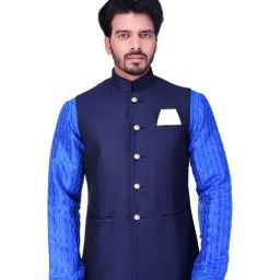 Manyavar Blue Self Design Ethnic Waistcoat-image-75