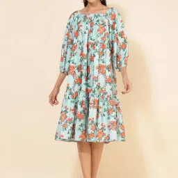 Janasya Sea Green Floral Print A-Line Dress-image-26
