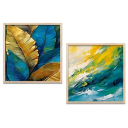 Kotart Teal Blue & Gold Toned 2 Pieces Abstract Wooden Wall Arts-picture-23