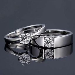 Zoey Set Of 2 Silver-Plated Zircon-Studded Adjustable Unity Solitaire Couple Rings-11