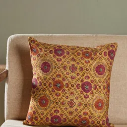 Fabindia Yellow & Pink Floral Cotton Square Cushion Cover-36