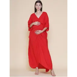 Mine4Nine Vibrant Red Rayon Ruched Long Maternity Kaftan Dress-picture-14