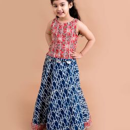 Pspeaches Sleeveless Lace Embellished Floral Motif Printed Choli & Fish Printed Lehenga Set - Red & Blue-image-87