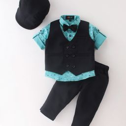 Robo Fry Cotton Lycra Full Sleeves Three Piece Party Suit with Bow & Hat - Black-image-58
