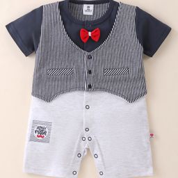 Mini Taurus Cotton Knit Half Sleeves Party Wear Romper Checkered with Bow Applique - Grey & Blue-25