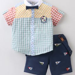 ToffyHouse 100%  Cotton Woven Half Sleeves Checkered Shirt & Shorts Set With Bow & Suspender - Navy-picture-11