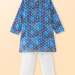Babyhug Cotton Woven Cambric Floral Printed Full Sleeves Kurta & Pyjama Set - Blue-image-4