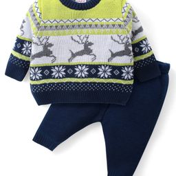 Babyhug Knitted Full Sleeves Pullover Sweater Set With Reindeer & Floral Design - Navy Blue-image-56