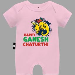 The Peppy Tend Ganesh Chaturthi Theme 100% Cotton Half Sleeves Happy Ganesh Chaturthi Text Printed Romper - Pink-image-87