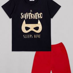Sheer Love Cotton Jersey Knit Half Sleeves A Superhero Sleeps Here Text Printed Tee With Shorts Set - Navy Blue & Red-image-27