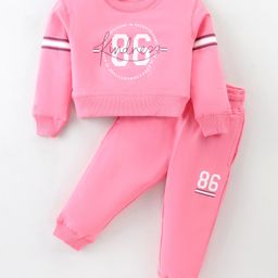Doreme Terry Knit Full Sleeves Winter Wear Sweatshirt & Lounge Pant Set with Text Print - Pink-image-54