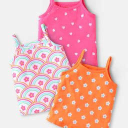 Babyhug 100% Cotton Antibacterial Singlet Sleeves Slips with Floral & Heart Print Pack of 3 - Pink Orange & Light Blue-picture-1