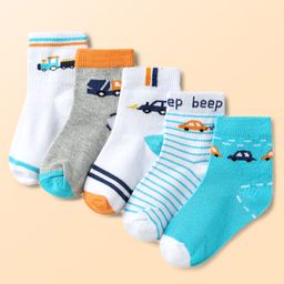 Doodle Poodle Cotton Knit Ankle Length Socks with Car Design Pack of 5- Bright White Light Blue & Grey Melange-picture-38