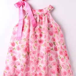 Dew Drops Chiffon Woven Sleeveless Floral Printed Halter Neck Frock with Bow Applique - Pink-image-48