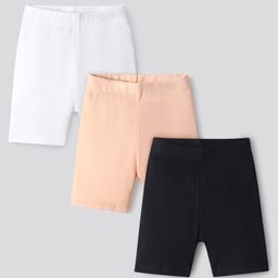 Bonfino 100% Cotton Knit Knee Length Solid Cycling Shorts Pack of 3 - White Black & Peach-image-56