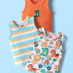 Babyhug 100% Cotton Antibacterial Sleeveless Sando With Stripes & Animal Print Pack Of 3 - Light Blue Orange & White-image-60