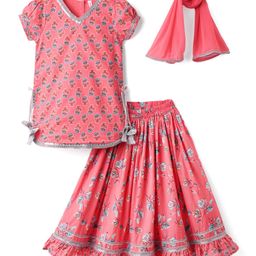 Babyhug Woven Half Sleeves Choli Lehenga Set & Dupatta With Floral Print & Lace Detailing - Pink-image-65