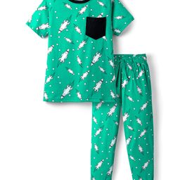 Pine Kids Single Jersey Knit Half Sleeves Co-ords Night Suit With Rocket Print - Green-image-57