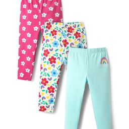 Babyhug Cotton Lycra Knit Full Length Floral & Rainbow Printed Leggings Pack of 3 - Multicolor-image-39