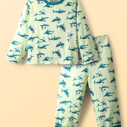 Pine Kids Single Jersey Knit Full Sleeves Co-Ord Night Suit With Shark Print - Lime Green-image-77