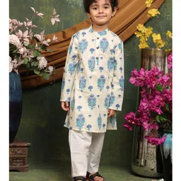Saka Designs By Sapna Cotton Woven Full Sleeves Floral Printed Kurta Pyjama Set - Cream & Blue-picture-13