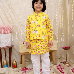 KID1 Cotton Woven Full Sleeves Lotus & Cow Printed Kurta Pyjama With Jacket - Yellow-image-65