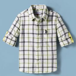US Polo Assn Cotton Knit Full Sleeves Shirt With Checks & Brand Logo Embroidery - White-picture-43