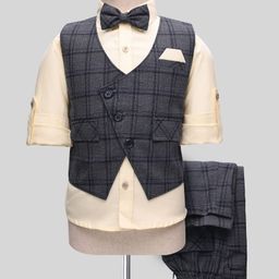 Rikidoos Cotton Woven Full Sleeves Checked 3 Piece Coordinating Party Suit Set With Bow - Navy Blue & Lemon-picture-48