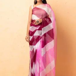 Geroo Jaipur Pink Purple Shaded Organza Hand Dyed Leheriya Saree with Tassels-picture-31
