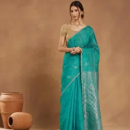Fabindia Turquoise Silk Blend Hand Woven Saree-picture-7