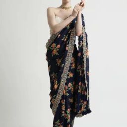 Jaipur Kurti Navy Floral Print Saree With Unstitched Blouse-picture-14