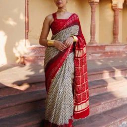 Geroo Jaipur Red Ajrakh Handblock Pure Bandhani Silk Saree with Zari Gharchola Pallu image 5
