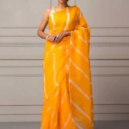 Geroo Jaipur Yellow Organza Hand Dyed Leheriya Saree-image-41