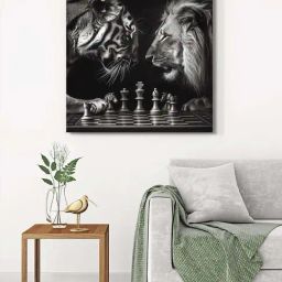 999Store Black & White Canvas Chess Match Between Tiger And Lion Wrapped Painting-picture-10
