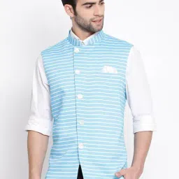 VASTRAMAY Blue Cotton Straight Fit Striped Nehru Jacket-picture-47