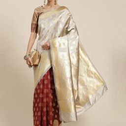 KSUT Grey & Maroon Silk Woven Saree With Unstitched Blouse-image-89