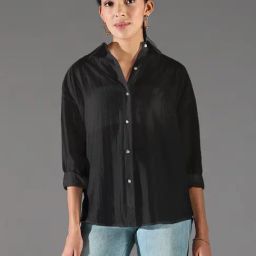SHOWOFF Black Poly Silk Solid Shirt-image-61