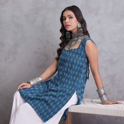 InWeave Women Ethnic Motifs Embroidered Regular Kantha Work Pure Cotton Kurti with Palazzos-image-66