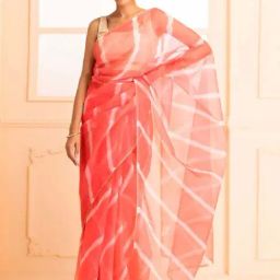 Geroo Jaipur Pink Organza Hand Dyed Leheriya Saree-picture-30