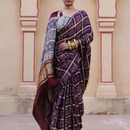 Geroo Jaipur Wine Pure Bandhani Gharchola Zari Silk Saree with Ajrakh Pallu-picture-8