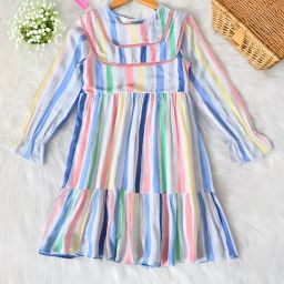 Bella Moda Girls Light Blue Cotton Three Fourth Sleeves Striped Printed Dress-image-99