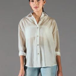 SHOWOFF Beige Poly Silk Solid Shirt-image-28