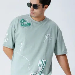 House Of RS Sage Green Oversized Fit Printed Oversized T-Shirt-picture-23