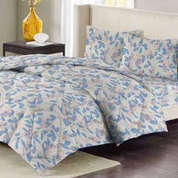 VAS COLLECTIONS Off White & Blue Floral Polycotton 4 Piece Double Extra Large Superfine Bedding Set-36