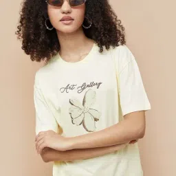Fame Forever By Lifestyle Light Yellow Cotton Regular Fit Printed T-Shirt-image-99