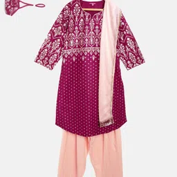 Biba Girls Maroon Golden Ethnic Motifs Print Cotton Kurta with Salwar Dupatta-picture-37
