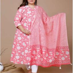 Miravan Pink Cotton Printed A Line Kurta With Dupatta-picture-2