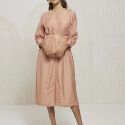 Artagai Salmon Pink Shift Dress with Embroidered Belt-image-10