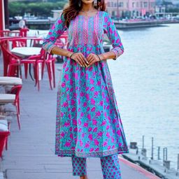 Pink Galaxy Women Floral Printed Regular Pure Cotton Kurta with Trousers-image-13